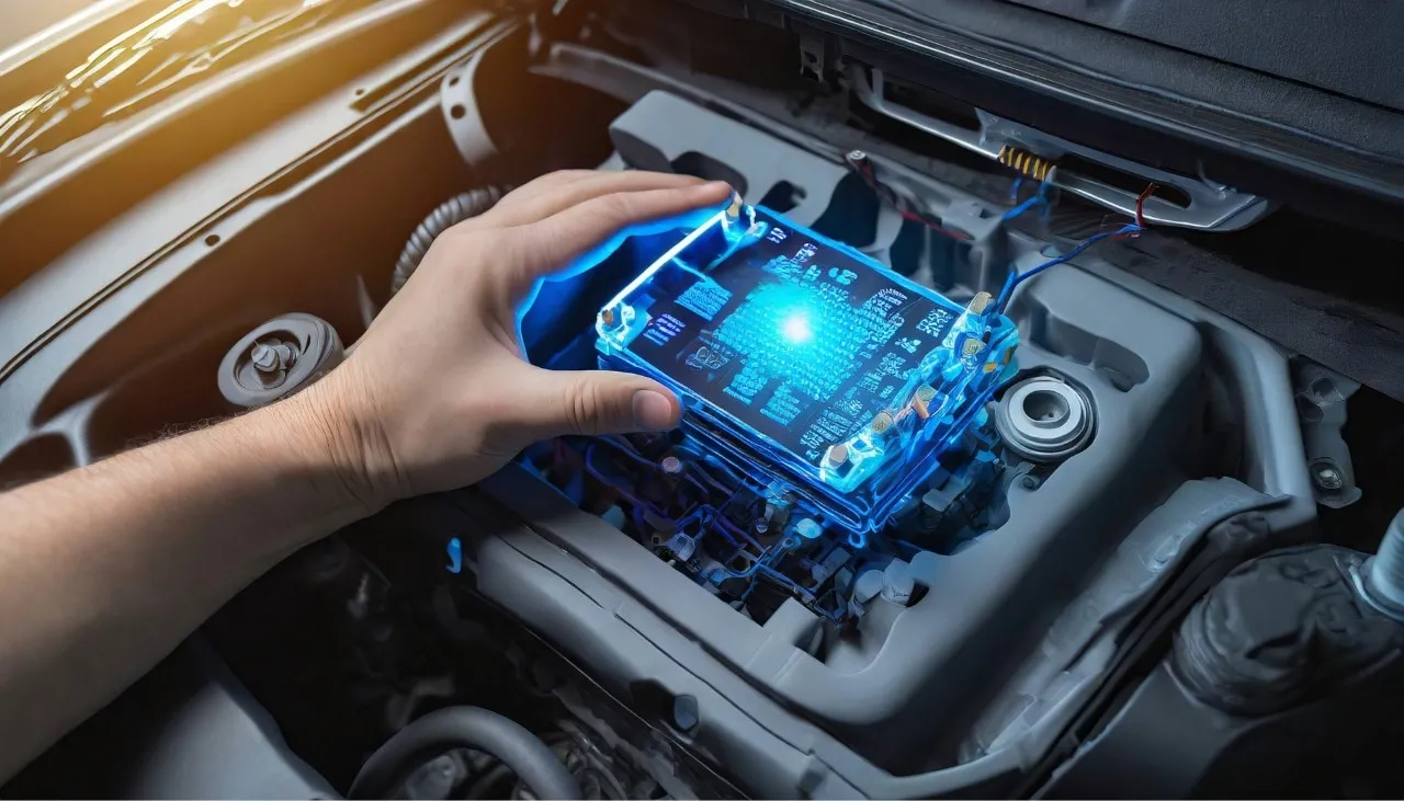 "Mano che installa una black box luminosa all'interno del motore di un'automobile."