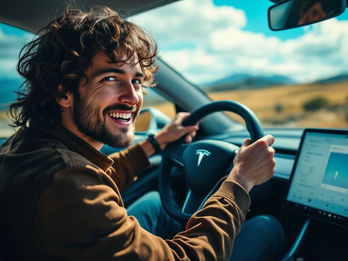 Persona alla guida di una Tesla con paesaggio sullo sfondo.